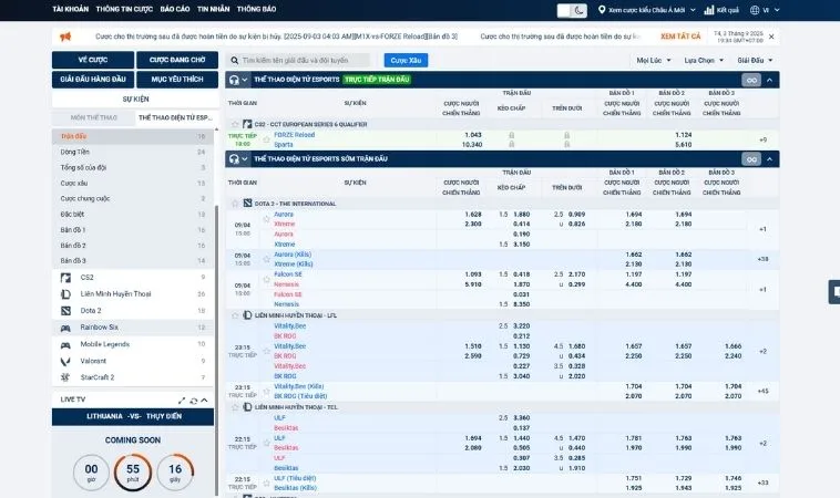 Bảng kèo cá cược Thể Thao Điện Tử Tại 88VV