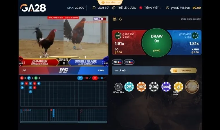 Hướng Dẫn Cách Chơi Đá Gà GA28 Tại 88VV Từ A Tới Z Cho Kê Thủ 2 Giao diện đặt cược Đá Gà GA28 Tại 88VV