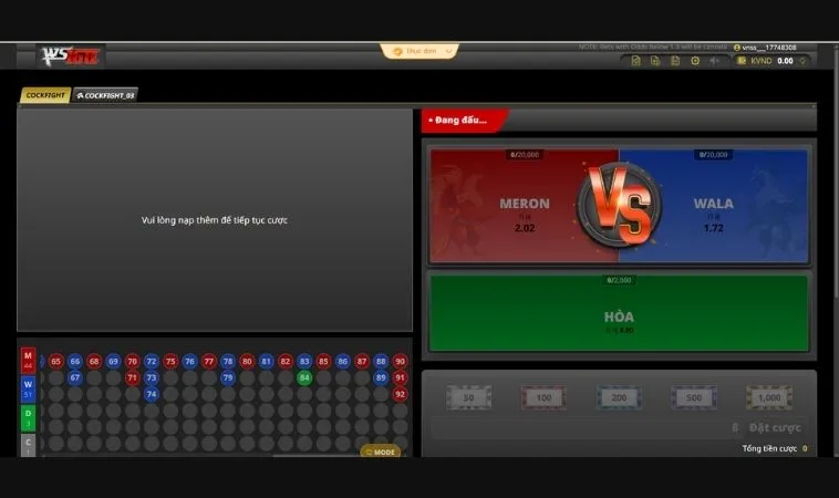 Bí Kíp Chơi Đá Gà WS168 Tại 88VV Giúp Bạn Luôn Thắng Lớn 2 Giao diện đặt cược Đá Gà WS168 Tại 88VV