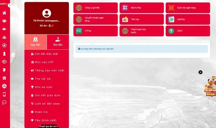 Các phương thức nạp tiền 88VV