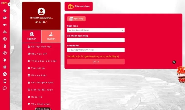 Giao diện rút tiền 88VV