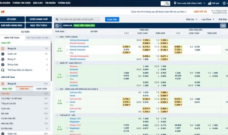 Giao diện đặt cược kèo cá cược bóng đá 88VV