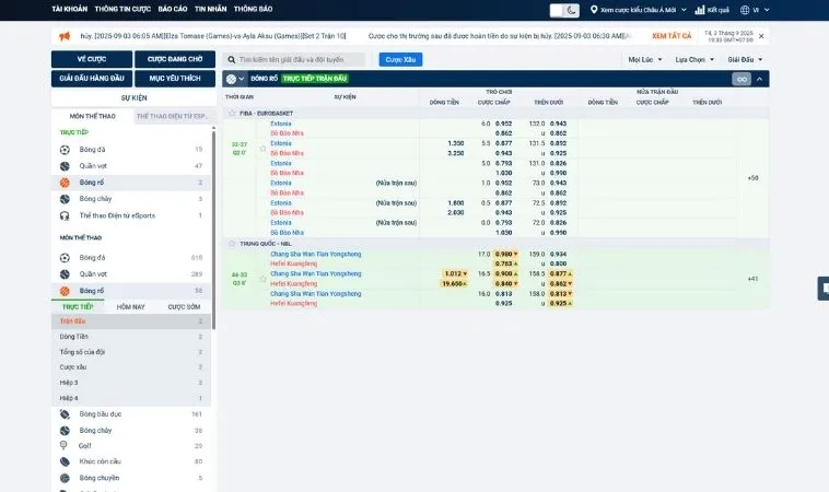 Bảng kèo cá cược bóng rổ 88VV